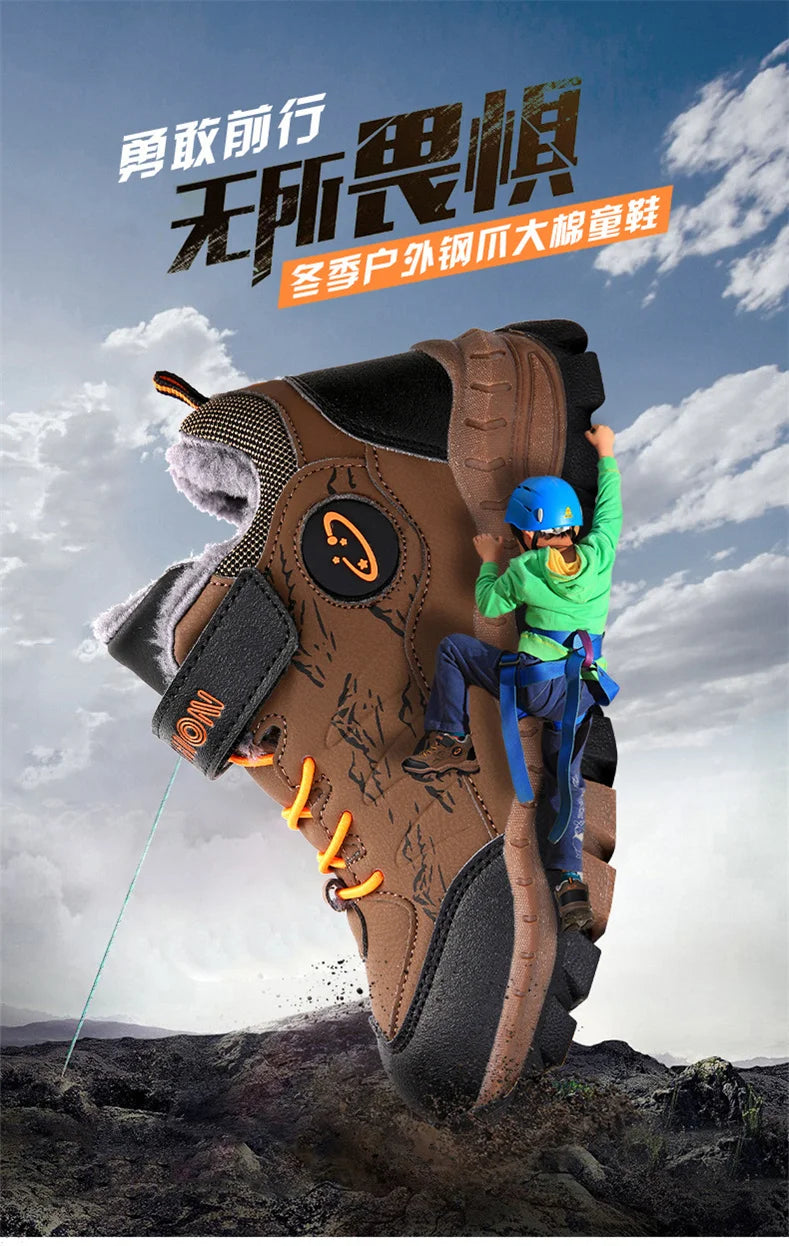 CINESSD Stylish Winter Camp Boys Mountain Climbing Shoes-Durable Hook & Loop Sports Sneakers for Adventurous Kids.