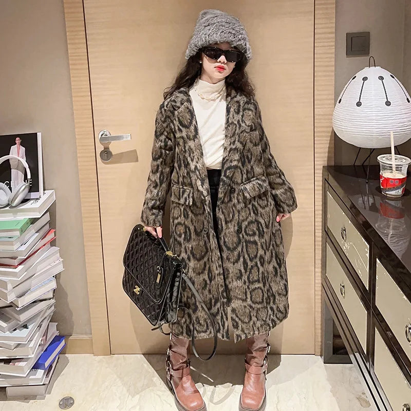 Macamp Teenage Girls' Chic Leopard Print Tweed Coat-Cozy & Stylish Long Outerwear for Autumn/Winter 2023