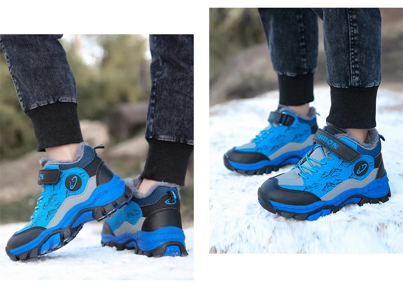 BOELOKTH Stylish Winter Boy Boots-Non-Slip Plush Sneakers for Kids / Cozy Snow & Hiking Shoes for Outdoor Adventures.