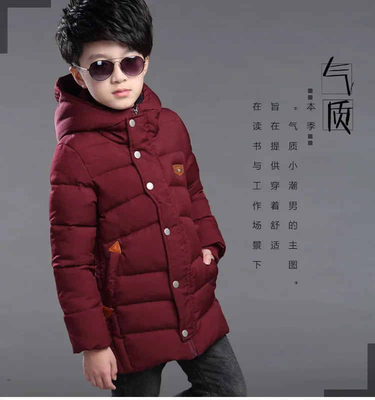 NoEnName_Null Boys' Hooded Plus Velvet Jacket-Warm Mid-Length Coat for Ages 4-10.