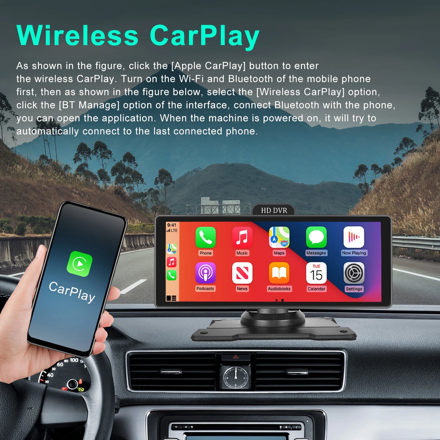 Podofo 10.26" 4K Dash Cam ADAS Wireless Carplay & Android Auto Car DVR Rearview Camera Dashboard Video Recorder GPS Track