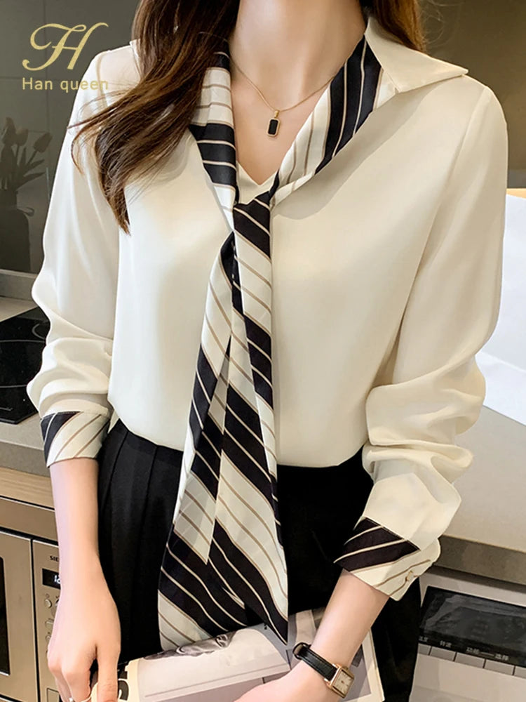 Women's Lace-Up Chiffon Elegant Long Sleeve Work Casual Blouse.