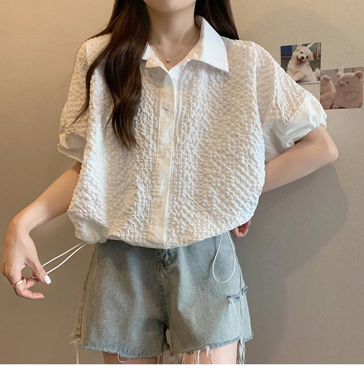 Short Sleeve Polo Shirt For Women Loose Design French Sle Top Drawstring Clothing, Chubby Girl Small Summer New