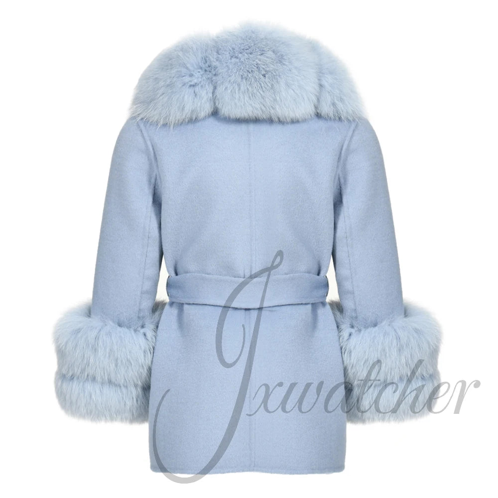 Jxwatcher Girls' Cashmere Wool Winter Coat with Luxurious Real Fox Fur Collar-Mid-Length Fashion Overcoat for Autumn & Casual Wear.