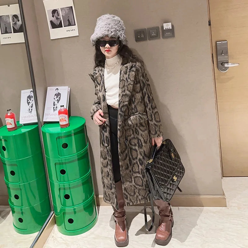 Macamp Teenage Girls' Chic Leopard Print Tweed Coat-Cozy & Stylish Long Outerwear for Autumn/Winter 2023