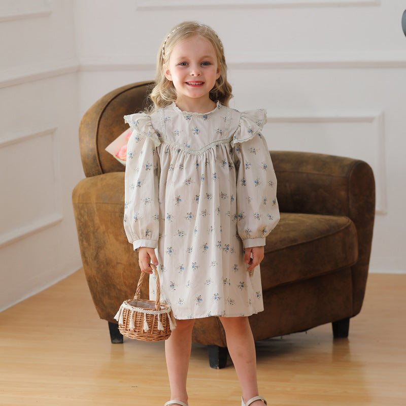 New Arrival Autumn Kids Girls Simple Ruffle Neck Long Sleeves Floral Dress