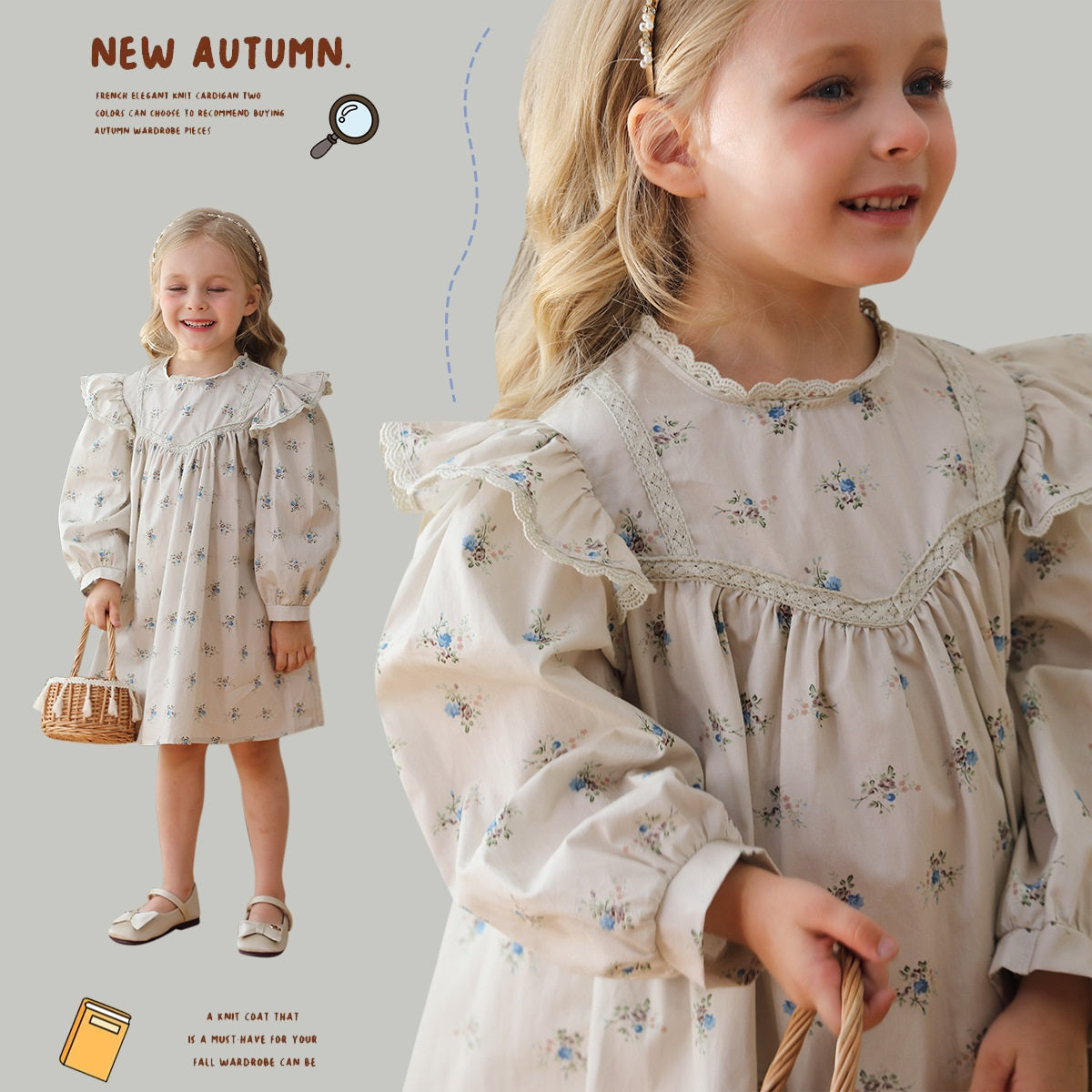 New Arrival Autumn Kids Girls Simple Ruffle Neck Long Sleeves Floral Dress